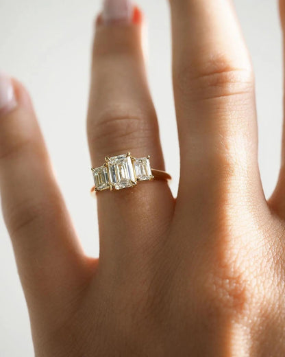 3 CT Emerald Cut Three Stone Moissanite Ring in 14K Gold – Elegant Vintage-Inspired Engagement Ring