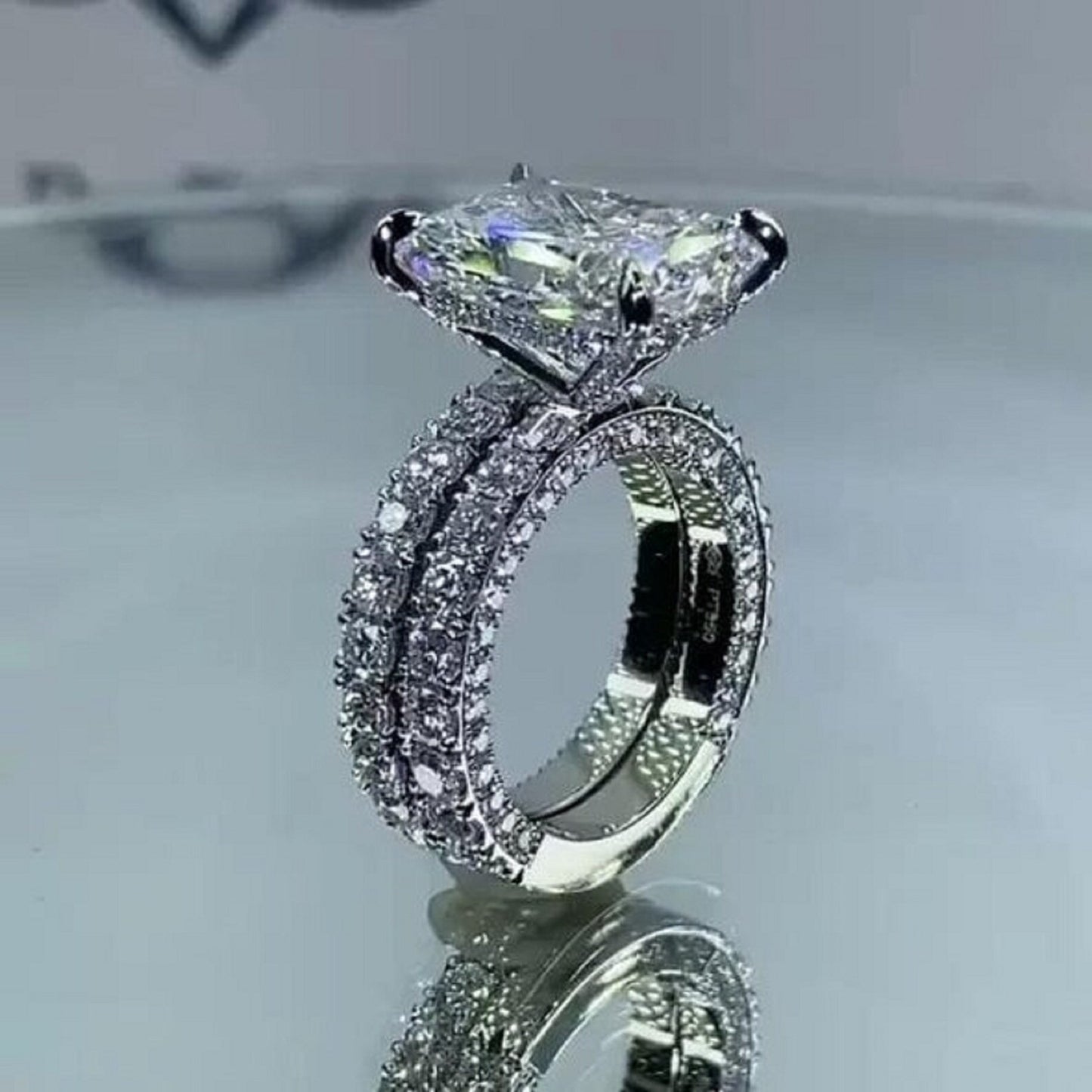 4 CT Radiant Cut Moissanite or Lab Grown Diamond Engagement Ring Set, Hidden Halo 14K Gold Bridal Wedding Rings